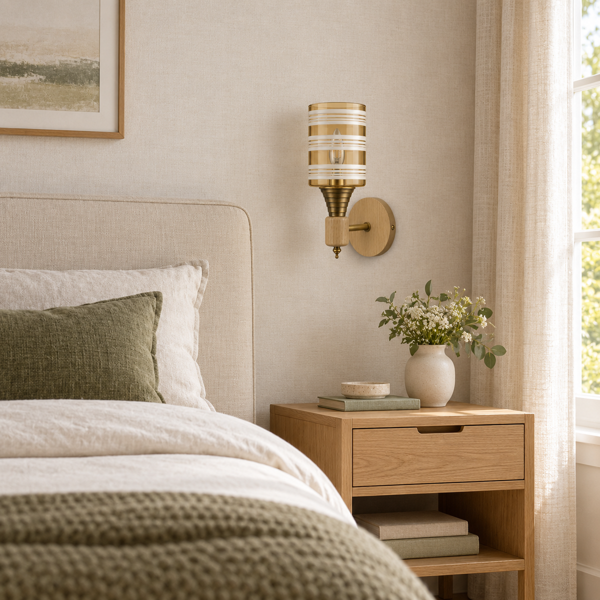 Striped Amber Glass Torch Wall Light above a wood bedside table beside an upholstered bed in daylight, switched off