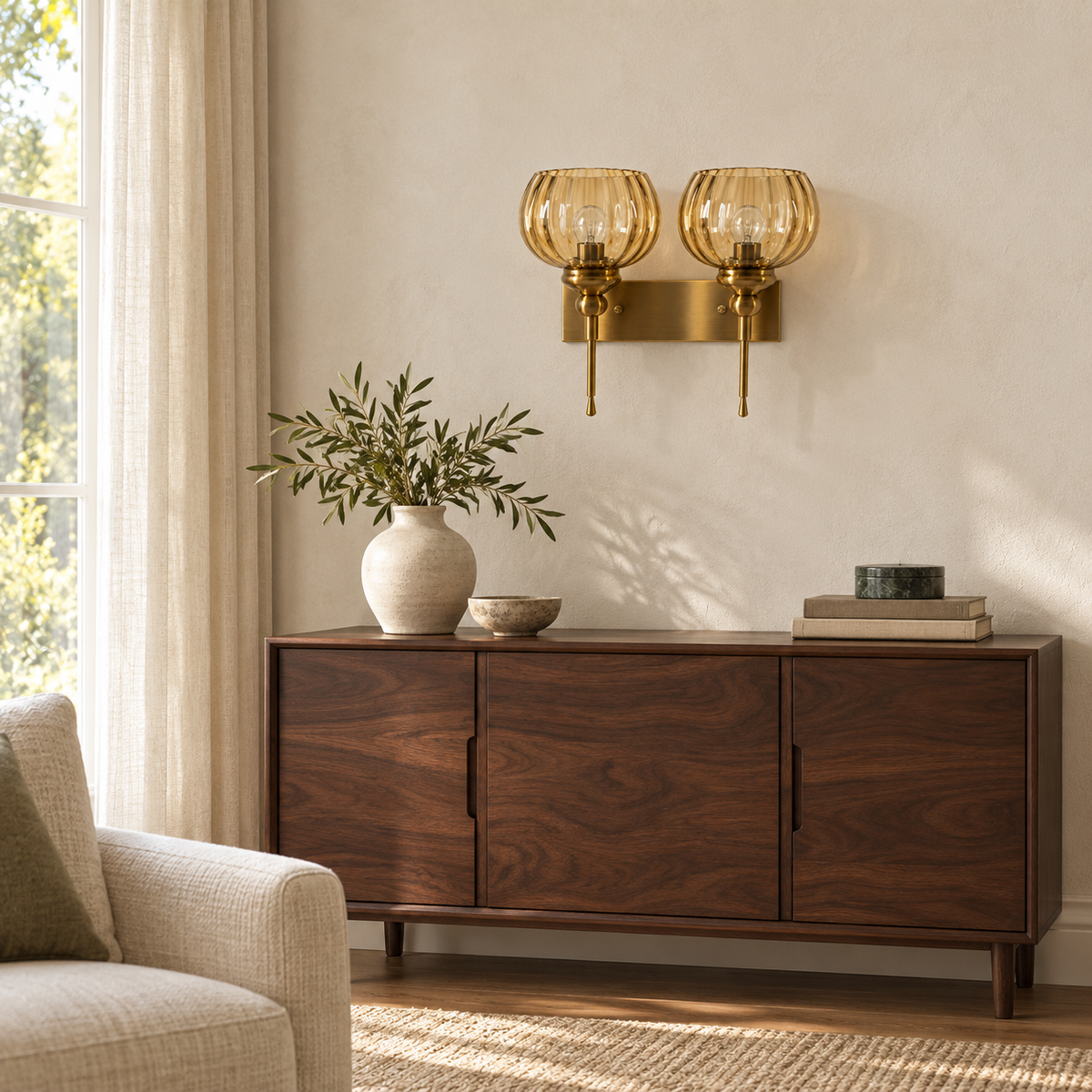 Twin Ribbed Amber Globe Wall Light above a wood sideboard in a seating area in daylight, switched off