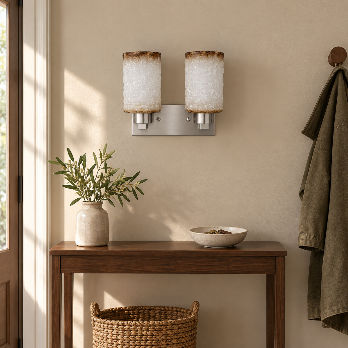 Twin Crackle Shade Satin Wall Light above a wood console beside a hanging coat in daylight, switched off