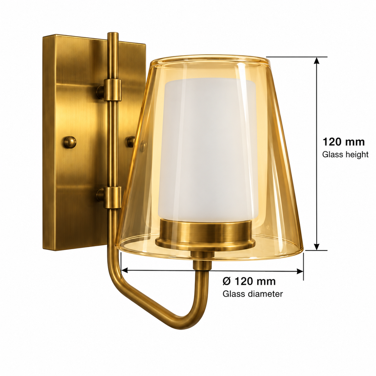 Layered amber tapered glass wall light dimension guide showing widest outer-glass diameter 120 mm and glass-only height 120 mm