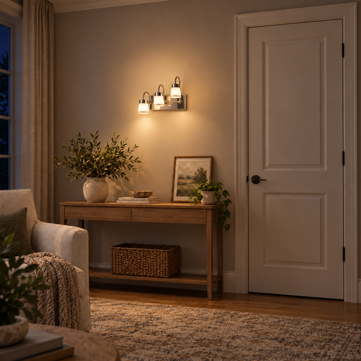 Triple Frosted Cup Chrome Wall Light illuminated in a night-time interior setting.