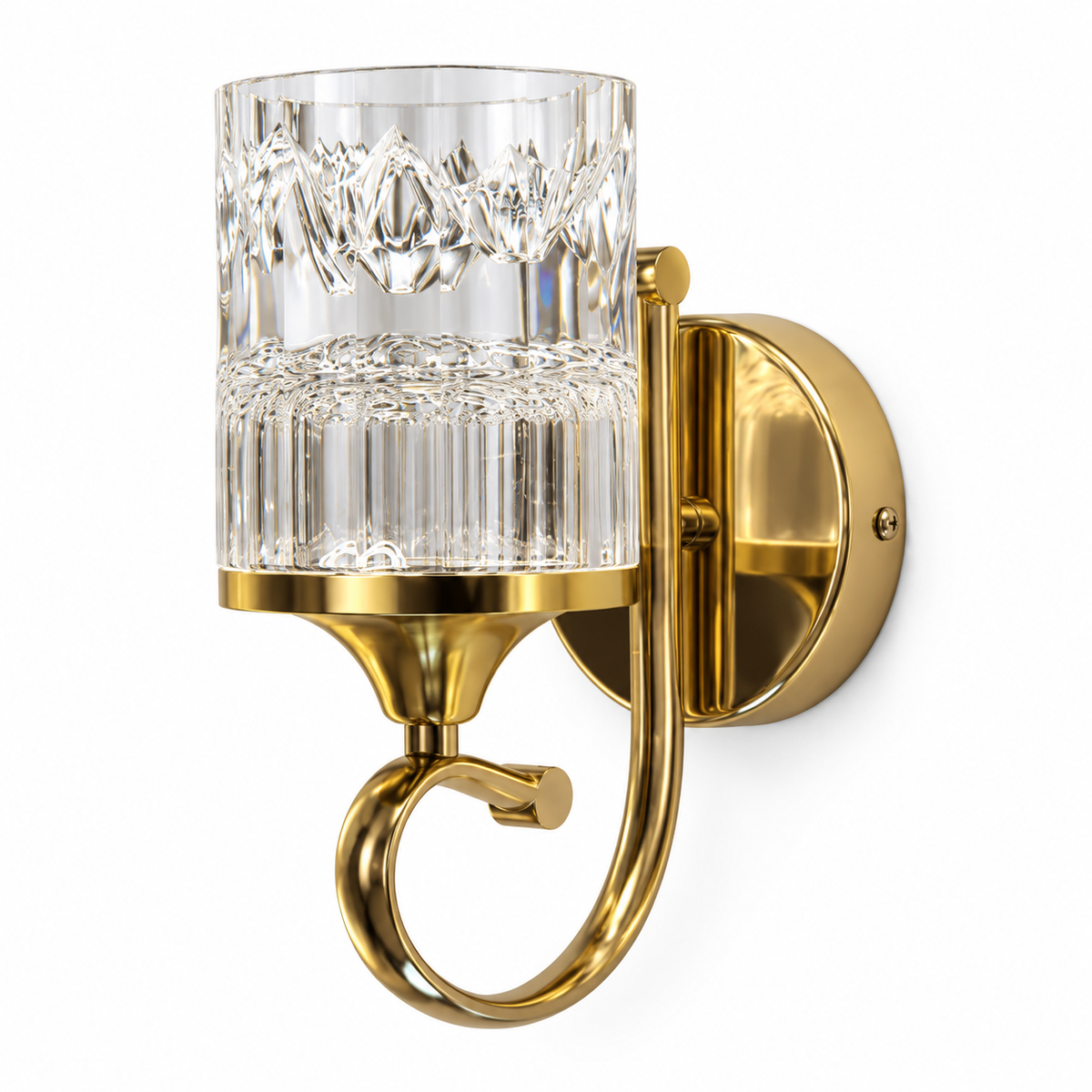 Patterned clear acrylic cylinder wall light with a gold-tone scroll arm and round backplate, switched off