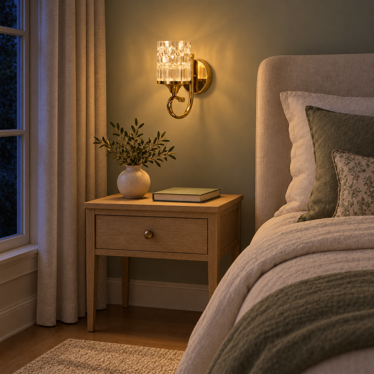 Scroll Arm Acrylic Cylinder Wall Light illuminated in an interior at night