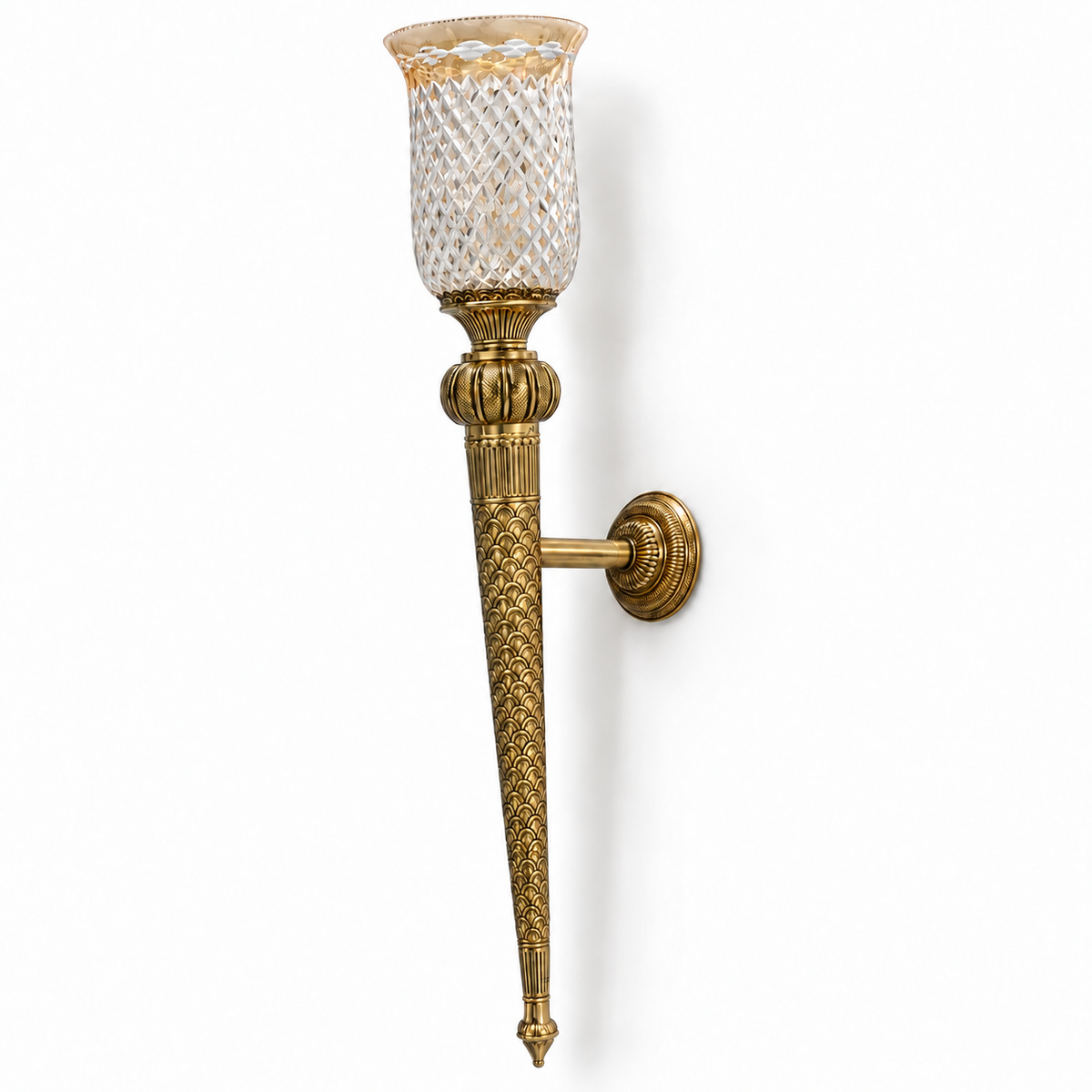 Engraved Brass Tall Torch Wall Light, switched off on a white studio background.