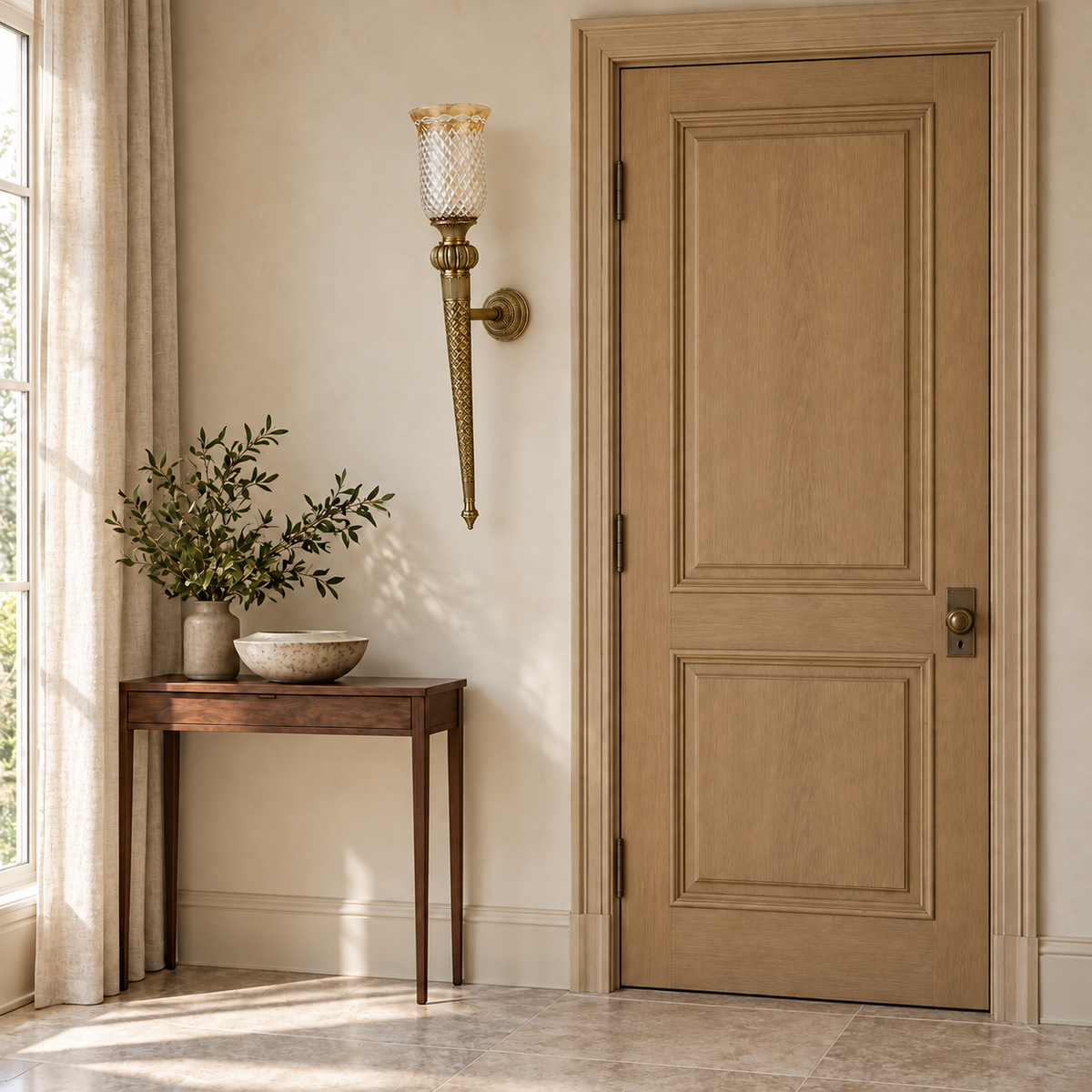 Engraved Brass Tall Torch Wall Light, switched off in a daylight interior setting.