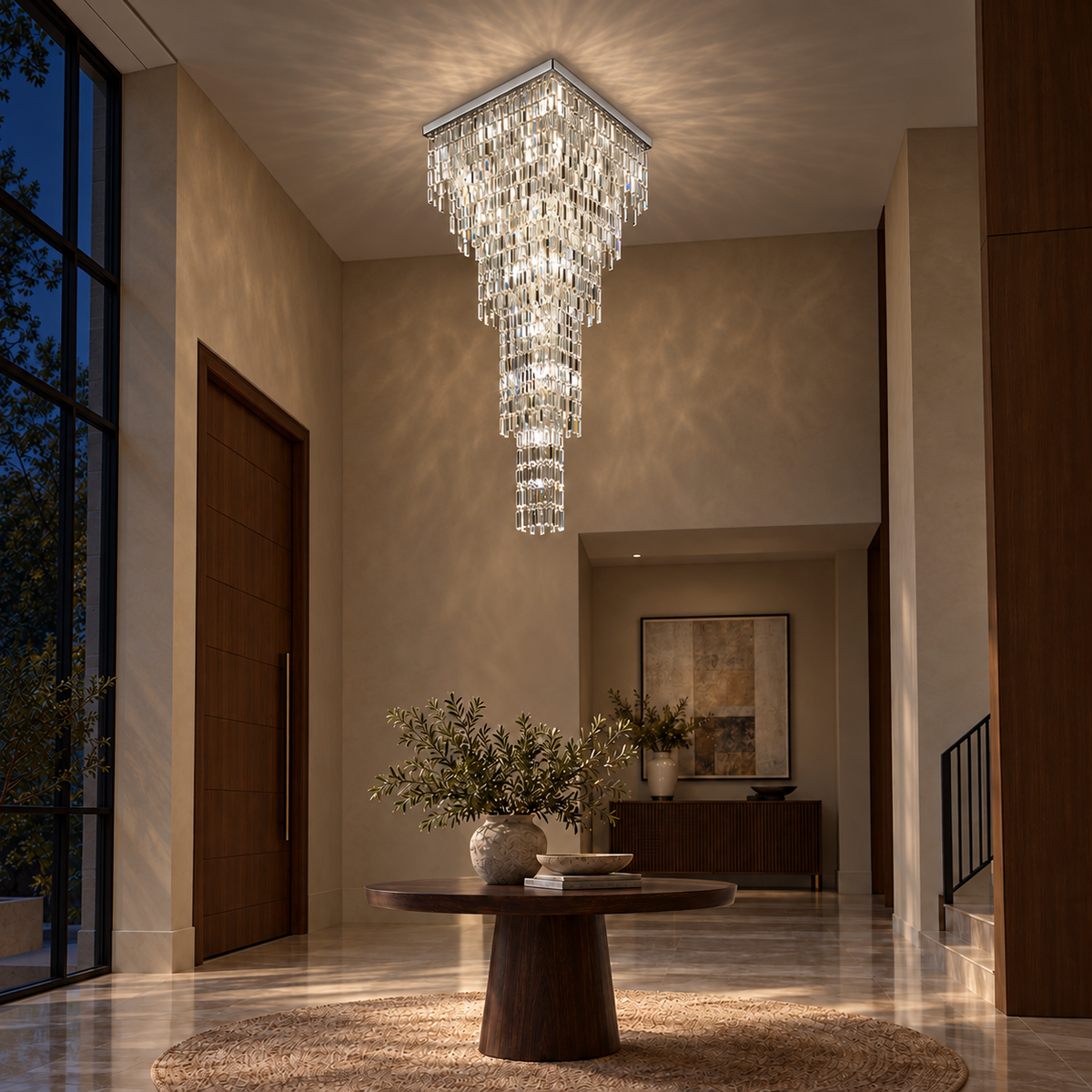 AN-OP-60x180 square-plate crystal cascade chandelier illuminated in a night interior.