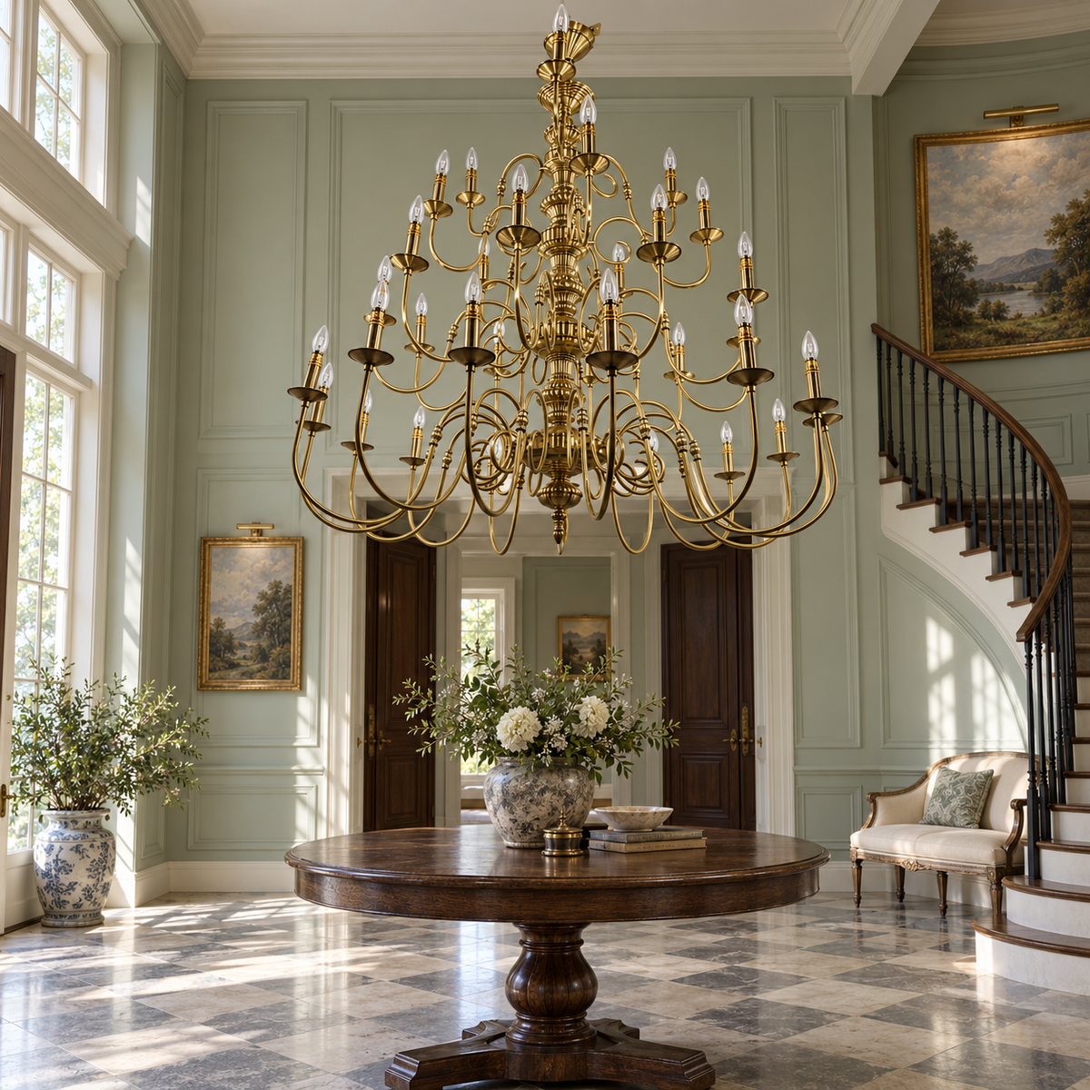 AN-ZH0007 Antique-Brass-Tone Scroll Chandelier shown unlit in a daylight interior.