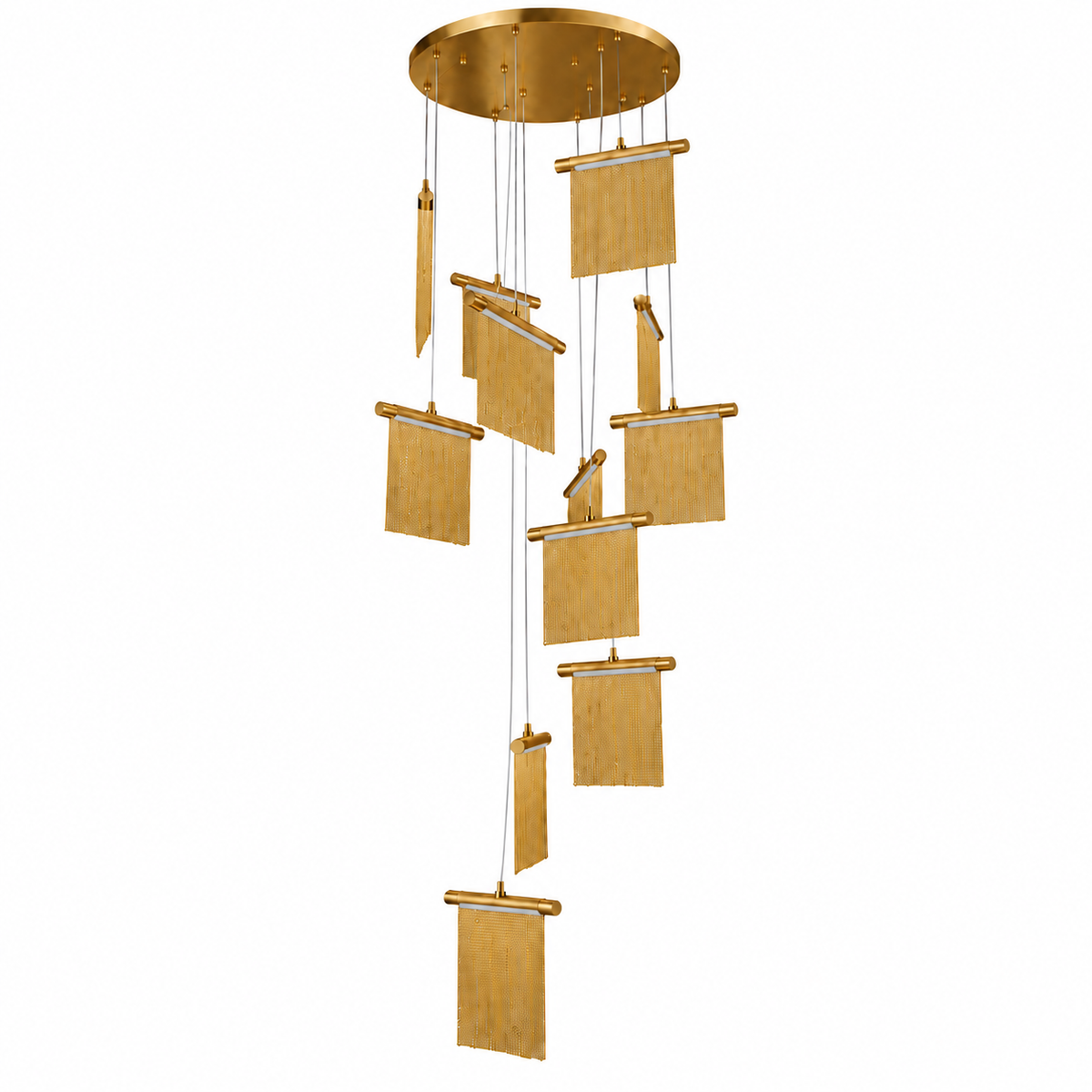 Studio view of AOLP1056—12X3W-WW, fringe-panel cascade pendant.