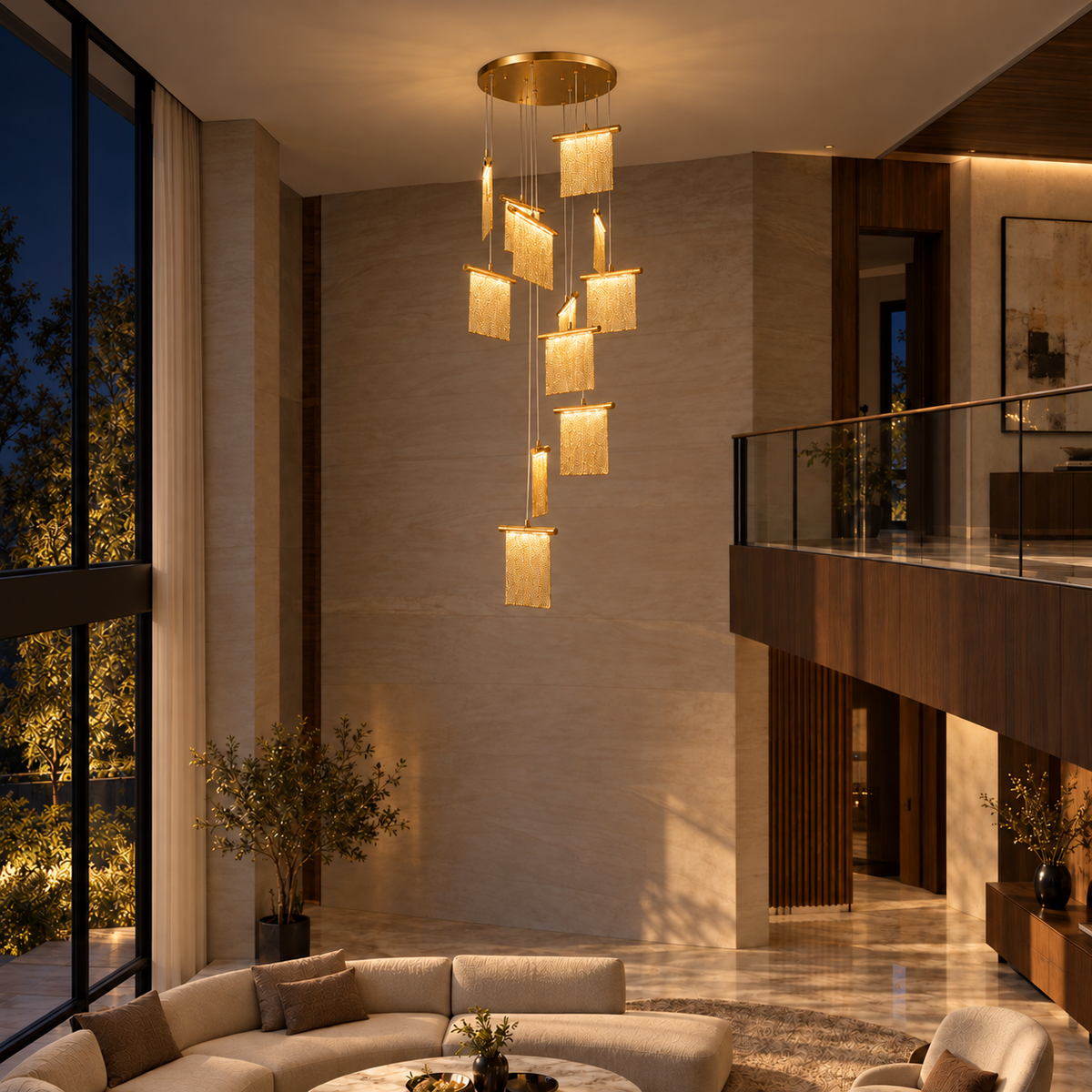 AOLP1056—12X3W-WW fringe-panel cascade pendant illuminated in a night interior.