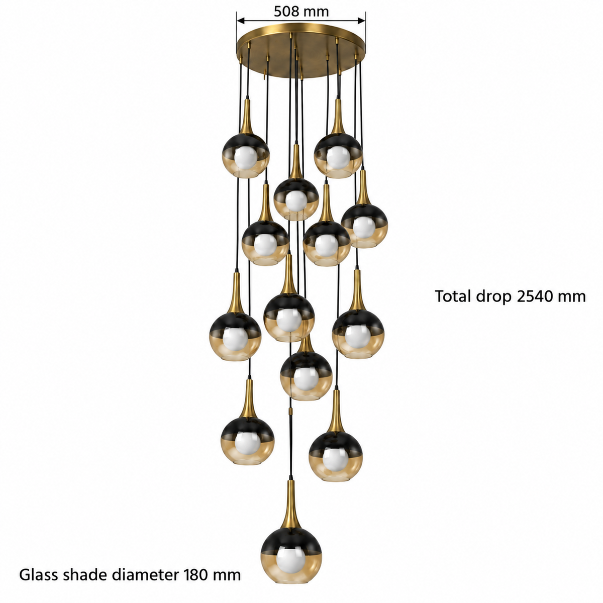 Amber Drop Cascade Chandelier — dimension guide