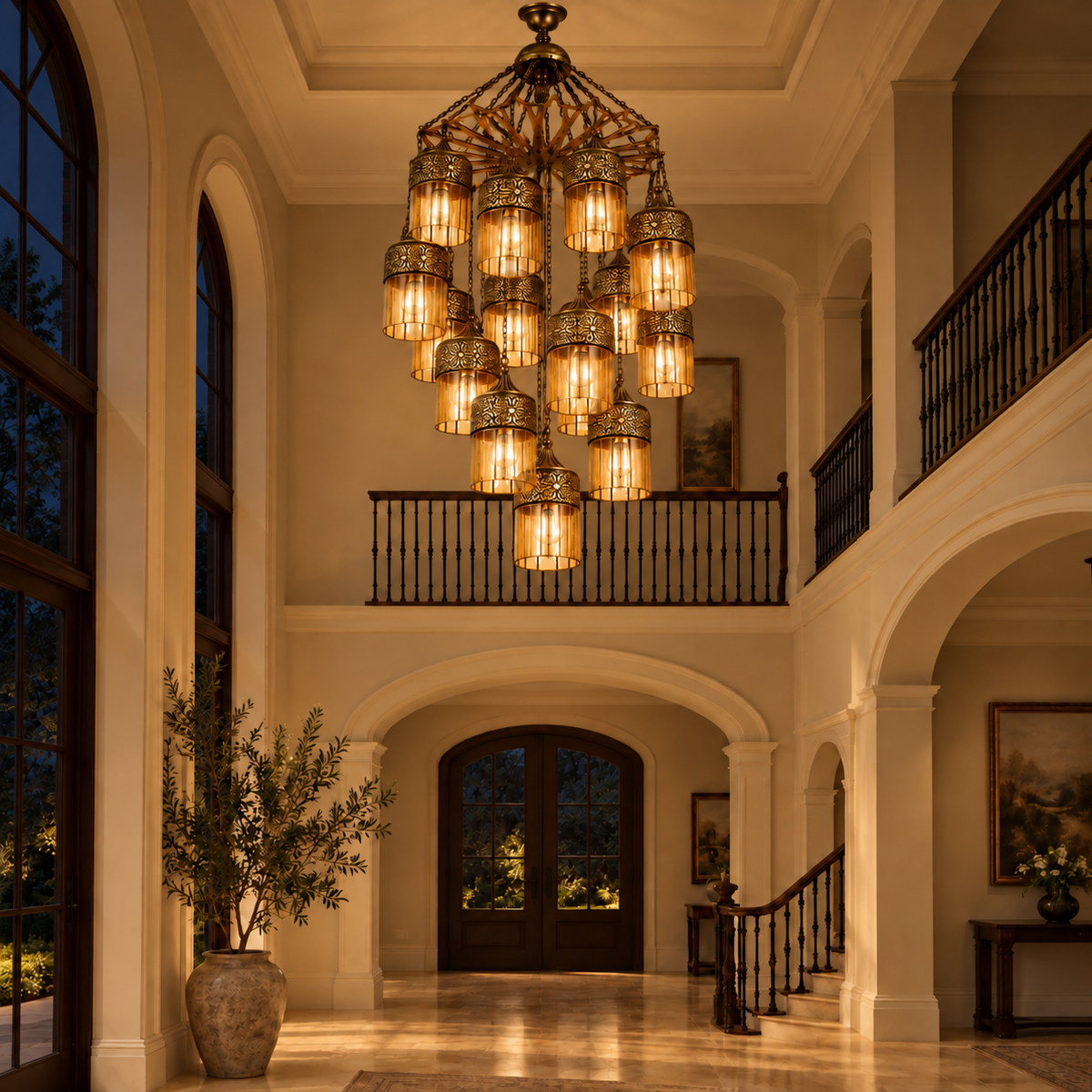Amber Lantern Cascade Chandelier — illuminated evening view