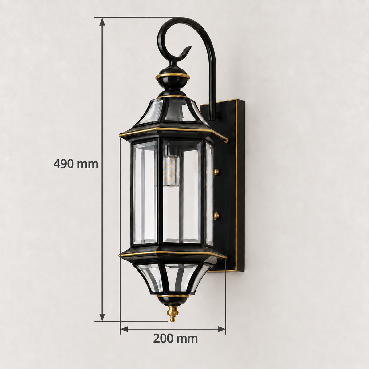 Tall black curled-arm glass lantern wall light showing 200 mm width and 490 mm overall height