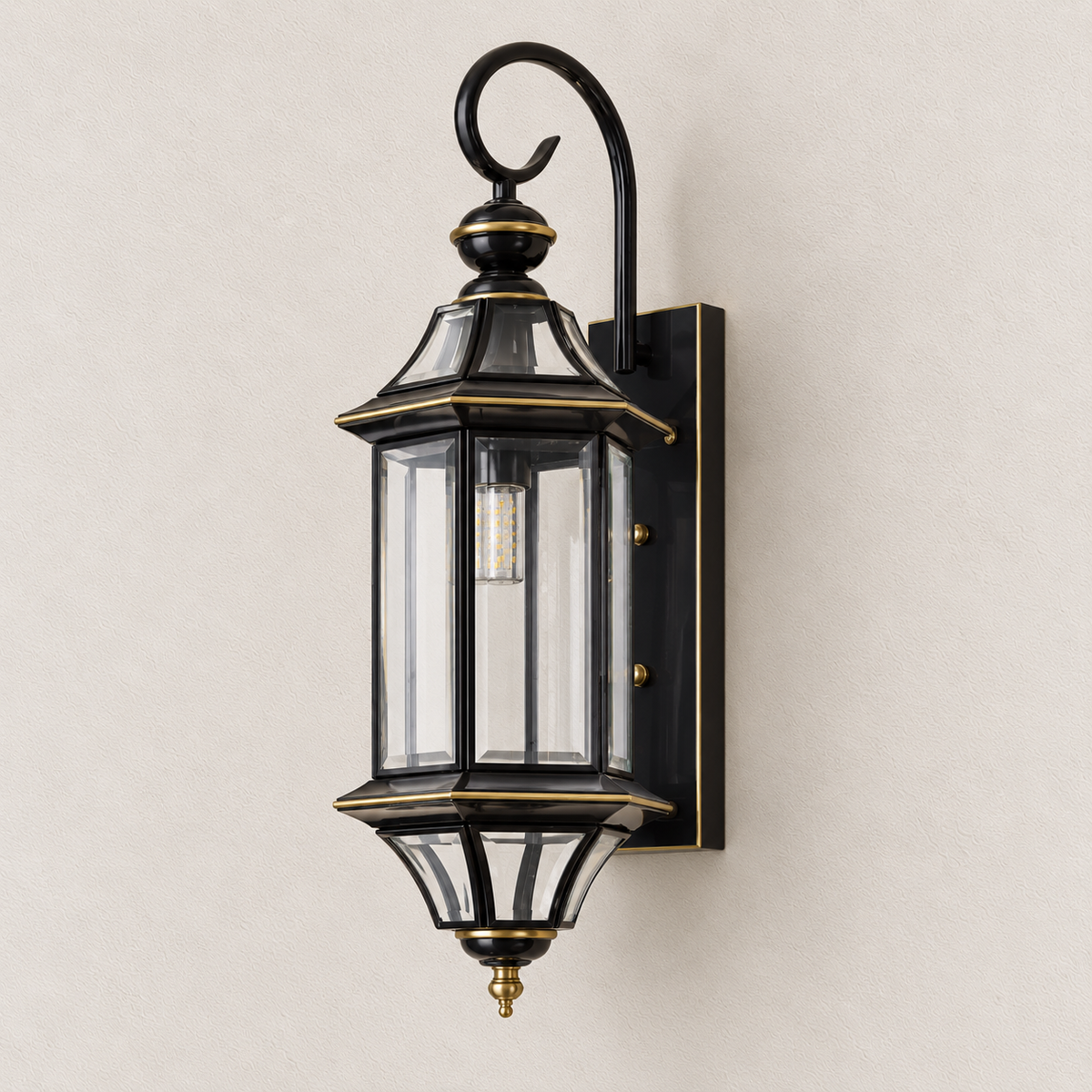Tall Black Curled-Arm Glass Lantern Wall Light shown against a neutral background, switched off