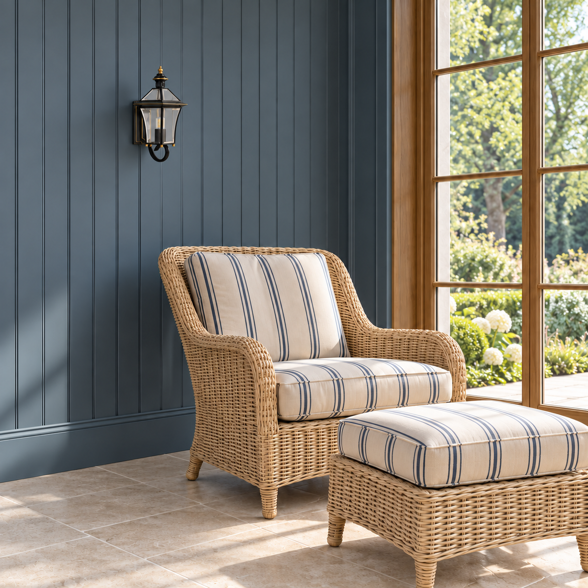 Black Loop-Base Glass Lantern Wall Light above a wicker armchair in daylight, switched off