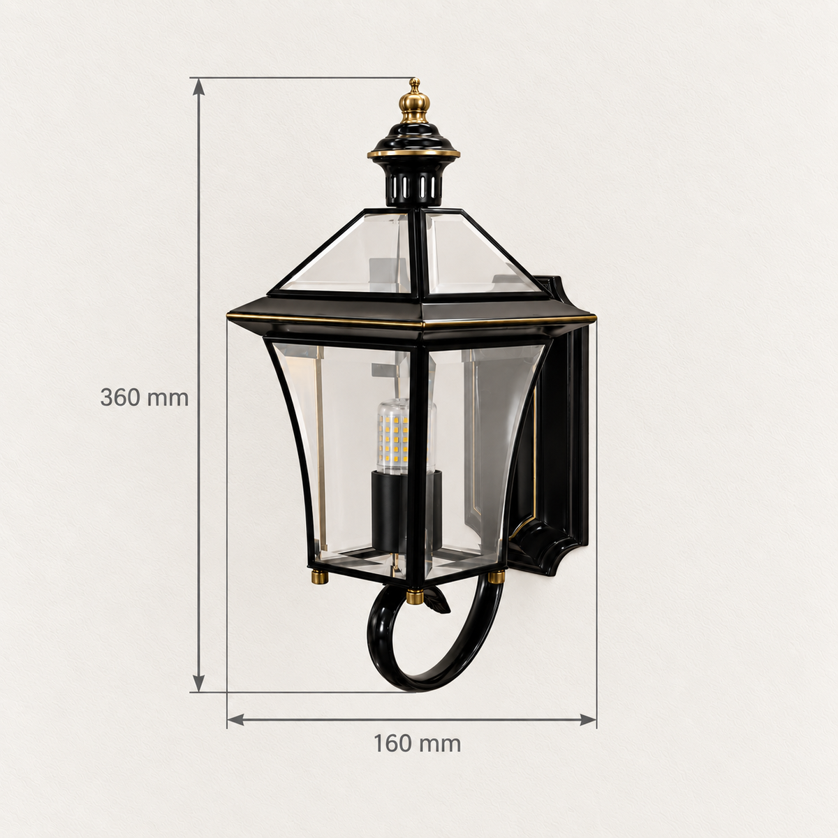 Black loop-base glass lantern wall light showing 160 mm width and 360 mm overall height