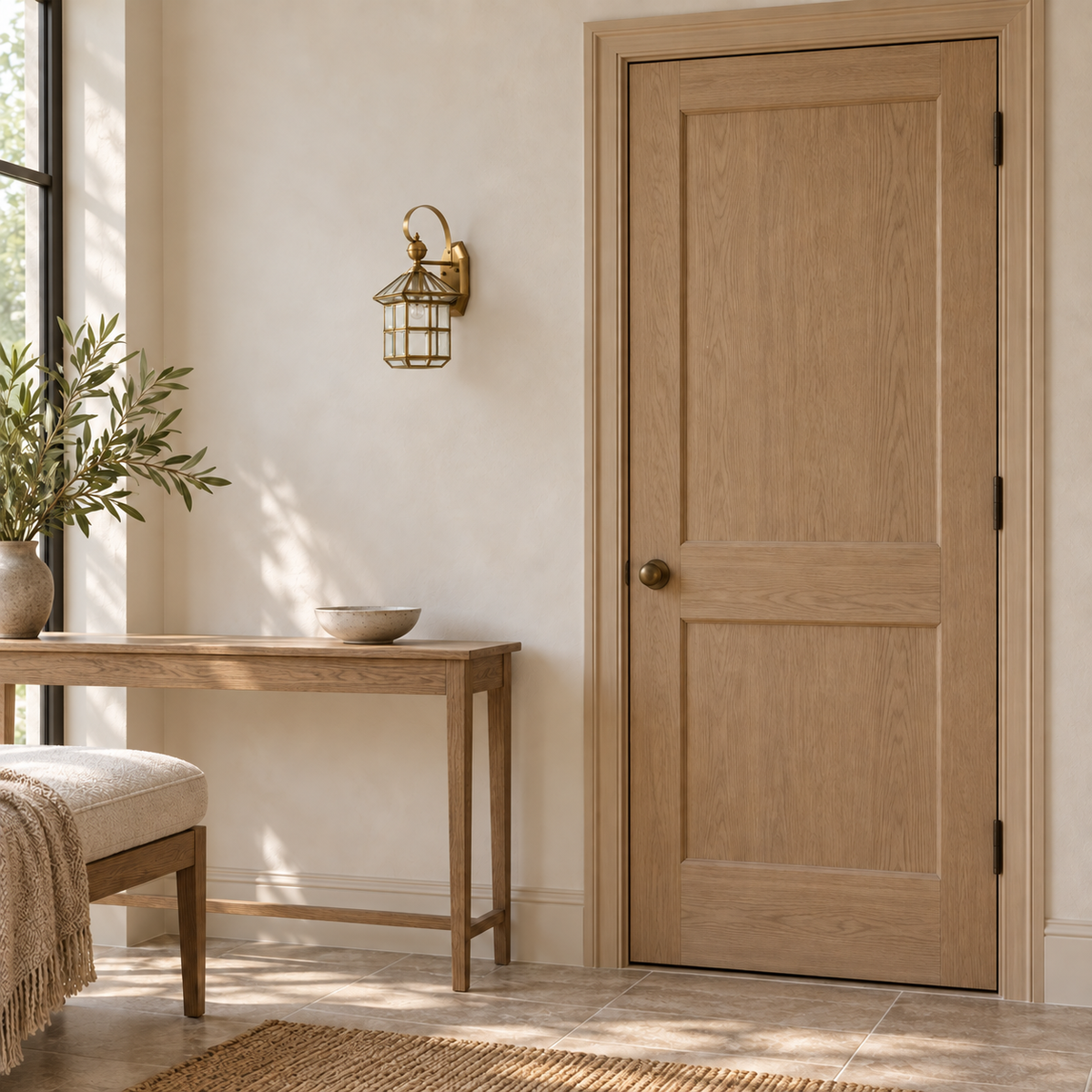 Loop Arm Brass Glass Lantern Wall Light, switched off in a daylight interior setting.