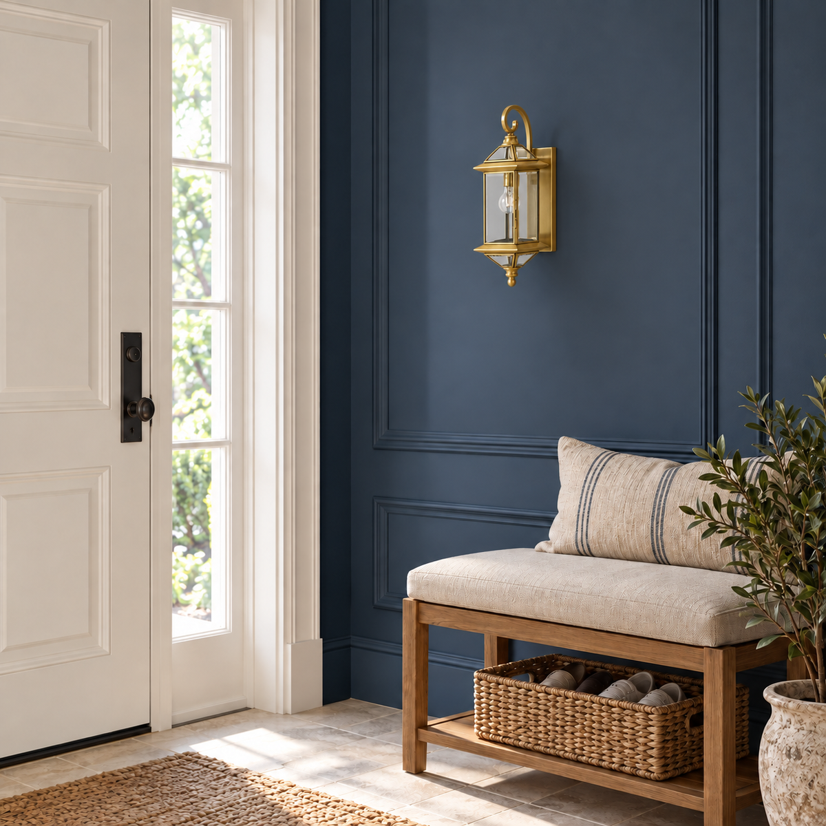 Scroll Top Brass Lantern Wall Light above an upholstered entry bench beside an interior doorway in daylight, switched off