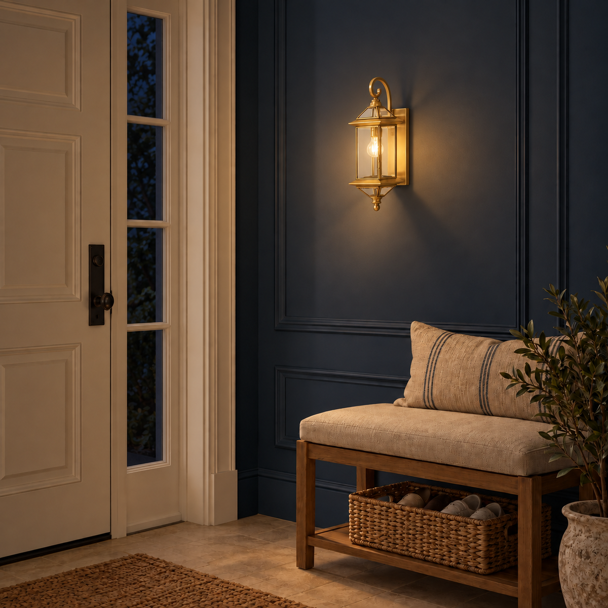 Scroll Top Brass Lantern Wall Light above an upholstered entry bench beside an interior doorway at night, illuminated
