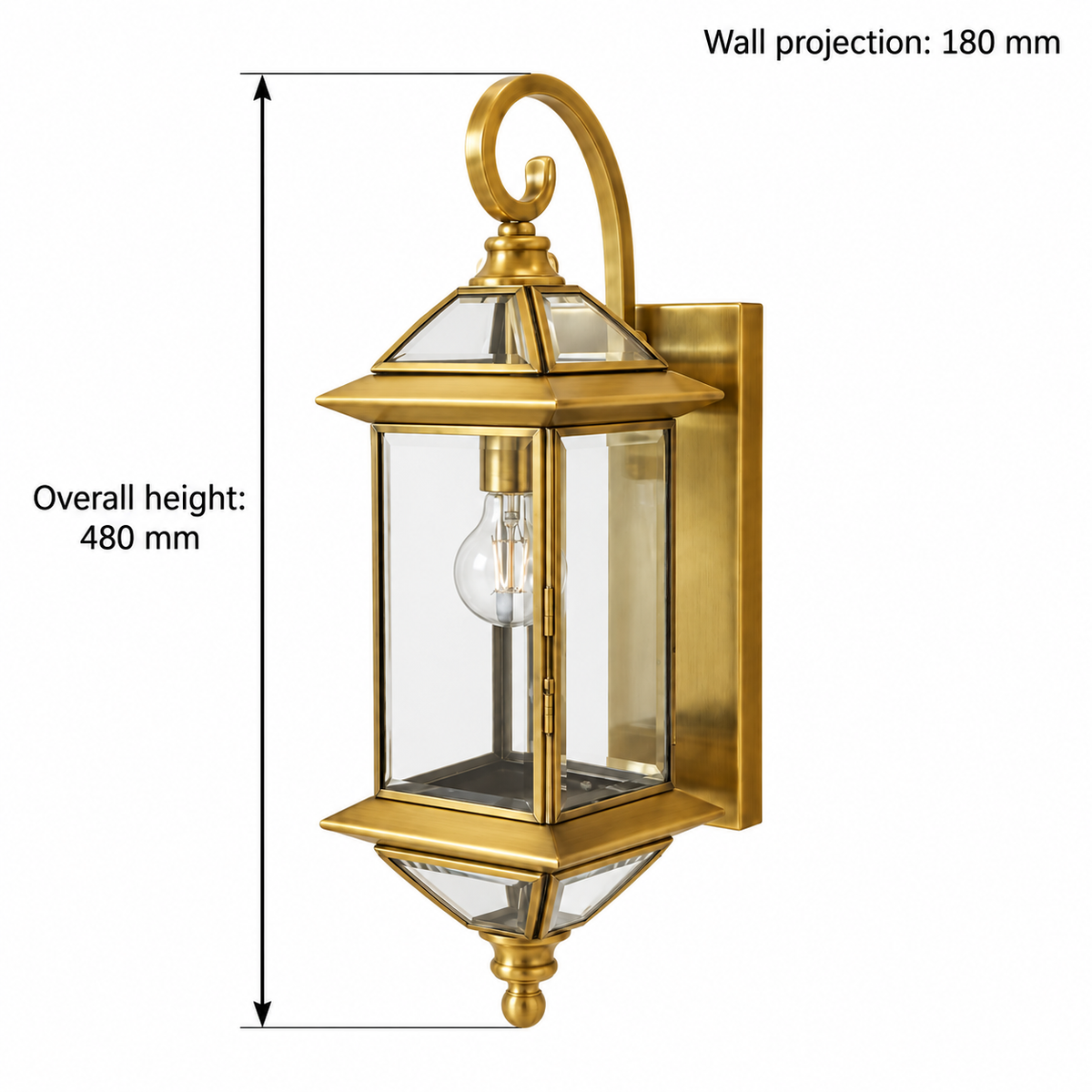 Scroll top brass lantern wall light dimension guide showing overall height 480 mm and noting wall projection 180 mm