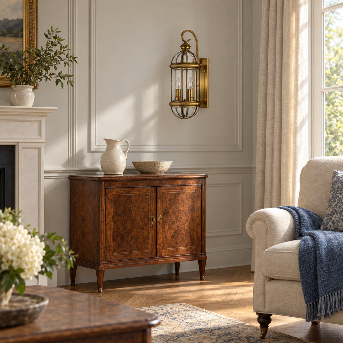 Twin Candle Brass Cage Wall Light above a wood console beside a pale upholstered sofa in daylight, switched off