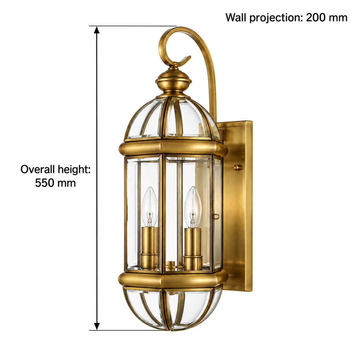 Twin candle brass cage wall light dimension guide showing overall height 550 mm and noting wall projection 200 mm