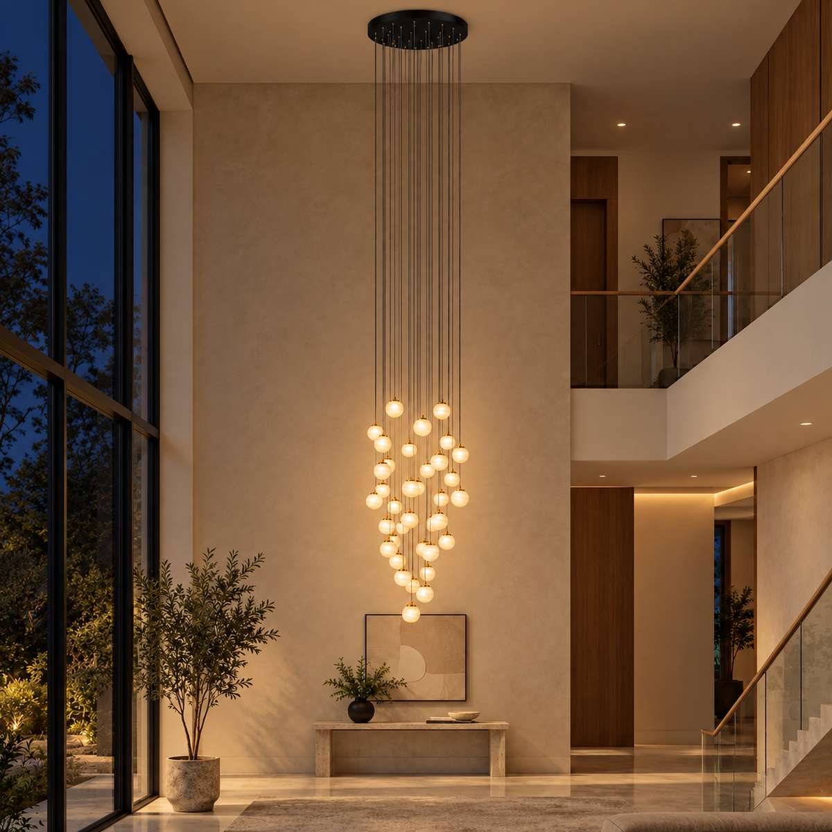 Banded Globe Cascade Chandelier — illuminated evening view