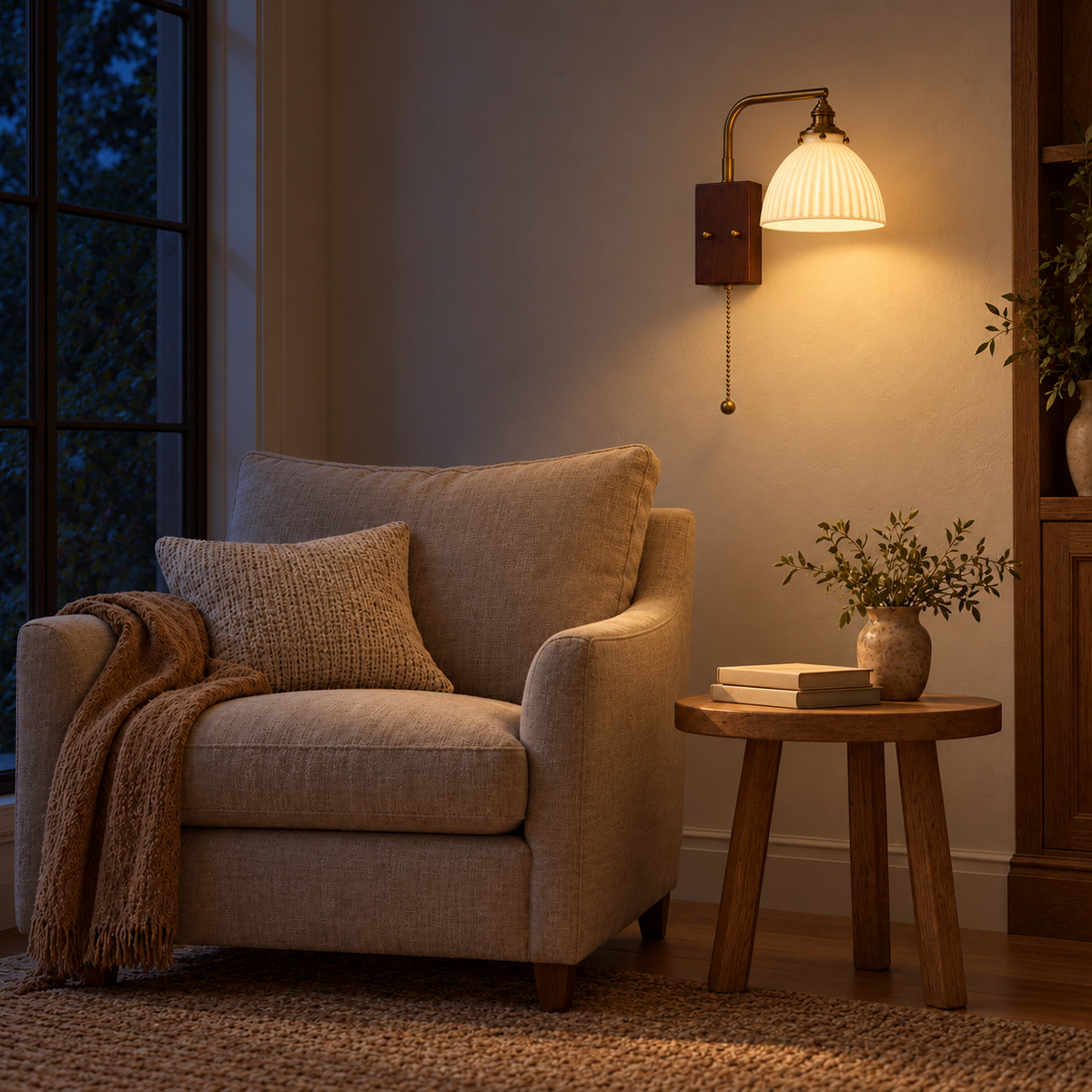 Fluted Glass Bell and Wood Wall Light illuminated in a night-time interior