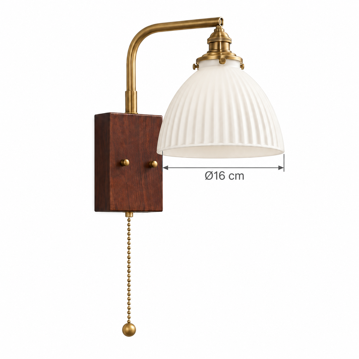 Fluted Glass Bell and Wood Wall Light dimension guide showing glass shade diameter 16 cm