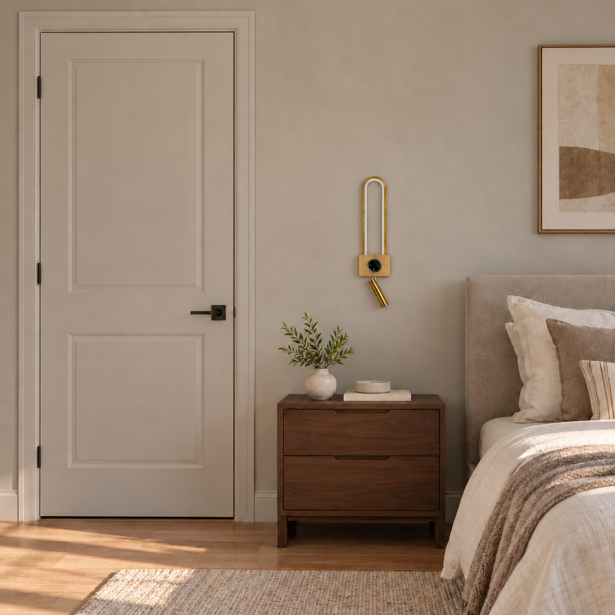 Gold-toned capsule-loop wall light with square control plate, black circular control and angled reading head, switched off in a daylight interior setting.