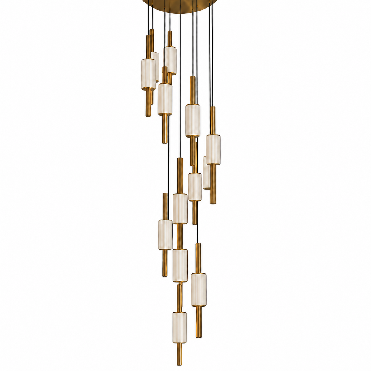 Brass-Tone 13-Cylinder Cascade Chandelier shown unlit against a studio background