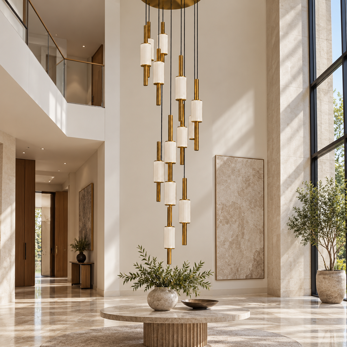 Brass-Tone 13-Cylinder Cascade Chandelier shown unlit in a daytime interior