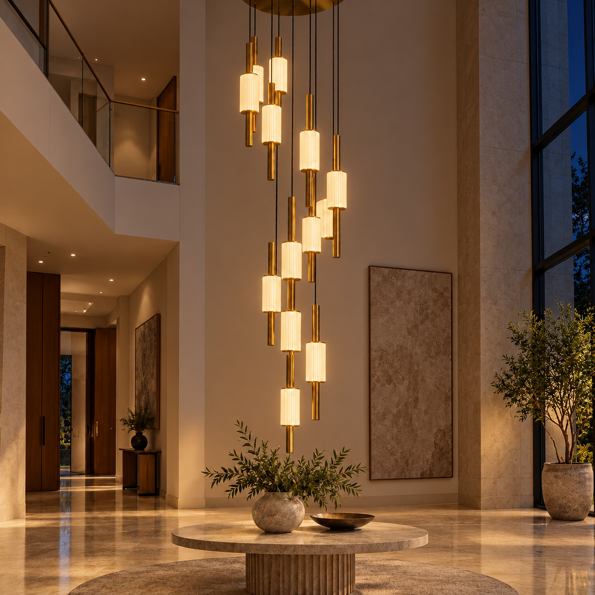 Brass-Tone 13-Cylinder Cascade Chandelier shown illuminated in an evening interior