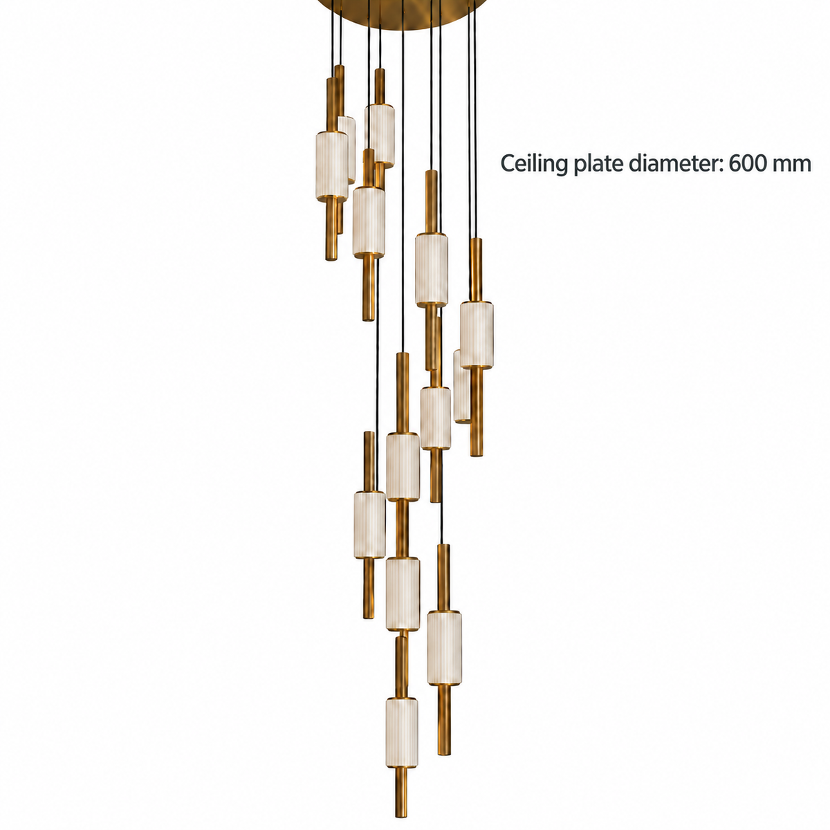 Brass-Tone 13-Cylinder Cascade Chandelier showing a round ceiling plate diameter of 600 mm