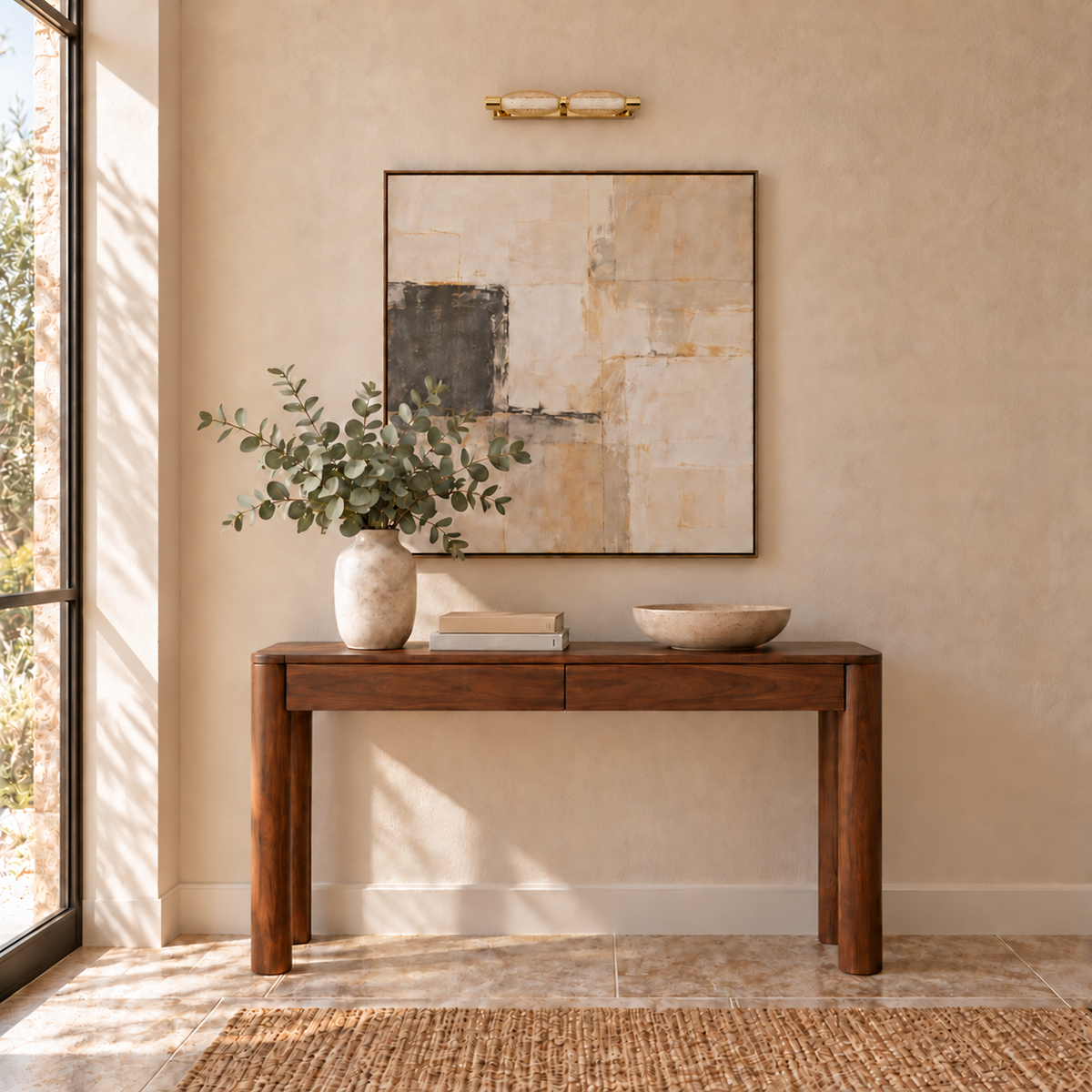 Gold Mesh Capsule 2-Head Picture Light, 370 mm installed in a residential interior in daylight, light off