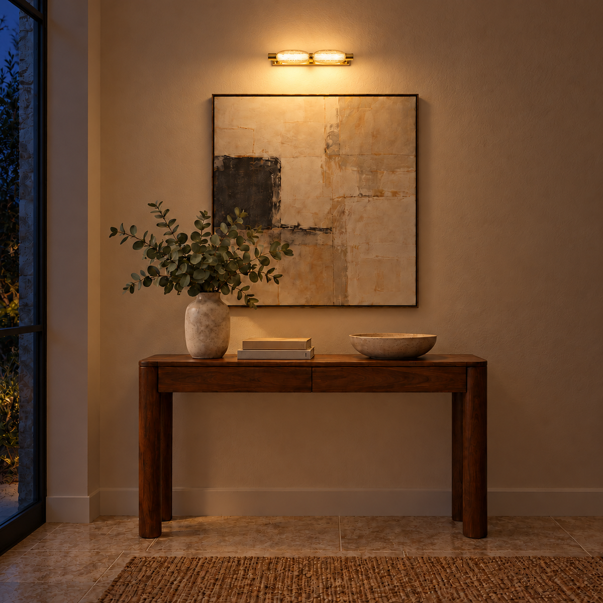 Gold Mesh Capsule 2-Head Picture Light, 370 mm illuminated in the same residential interior at night