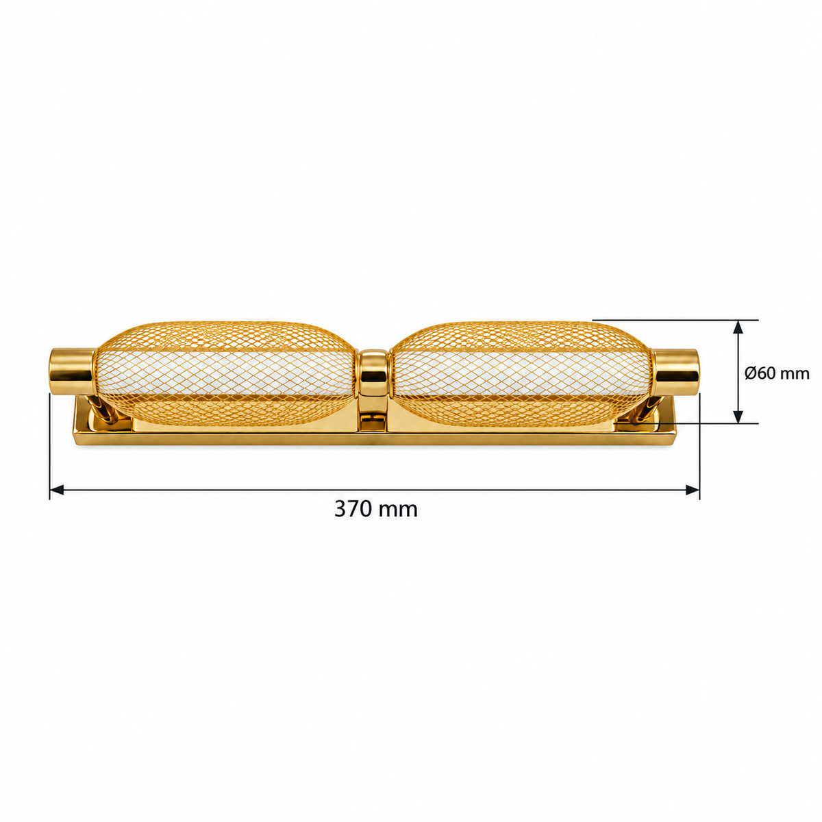 Gold Mesh Capsule 2-Head Picture Light, 370 mm dimension view showing overall width 370 mm, maximum mesh shade diameter 60 mm