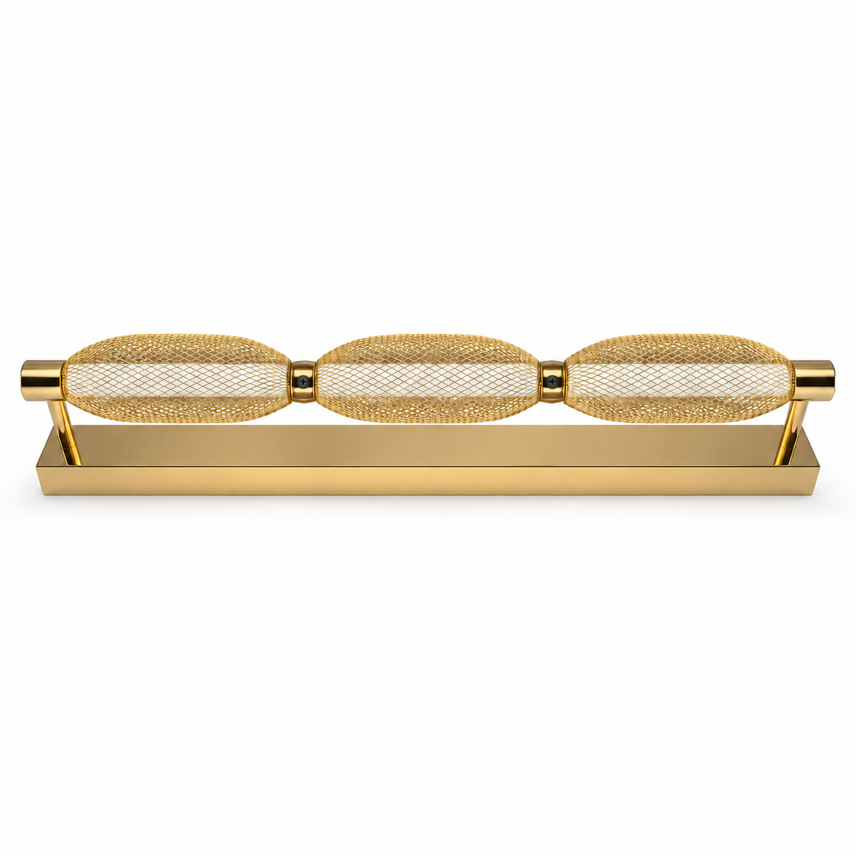 Gold Mesh Capsule 3-Head Picture Light, 520 mm with the light off on a white background