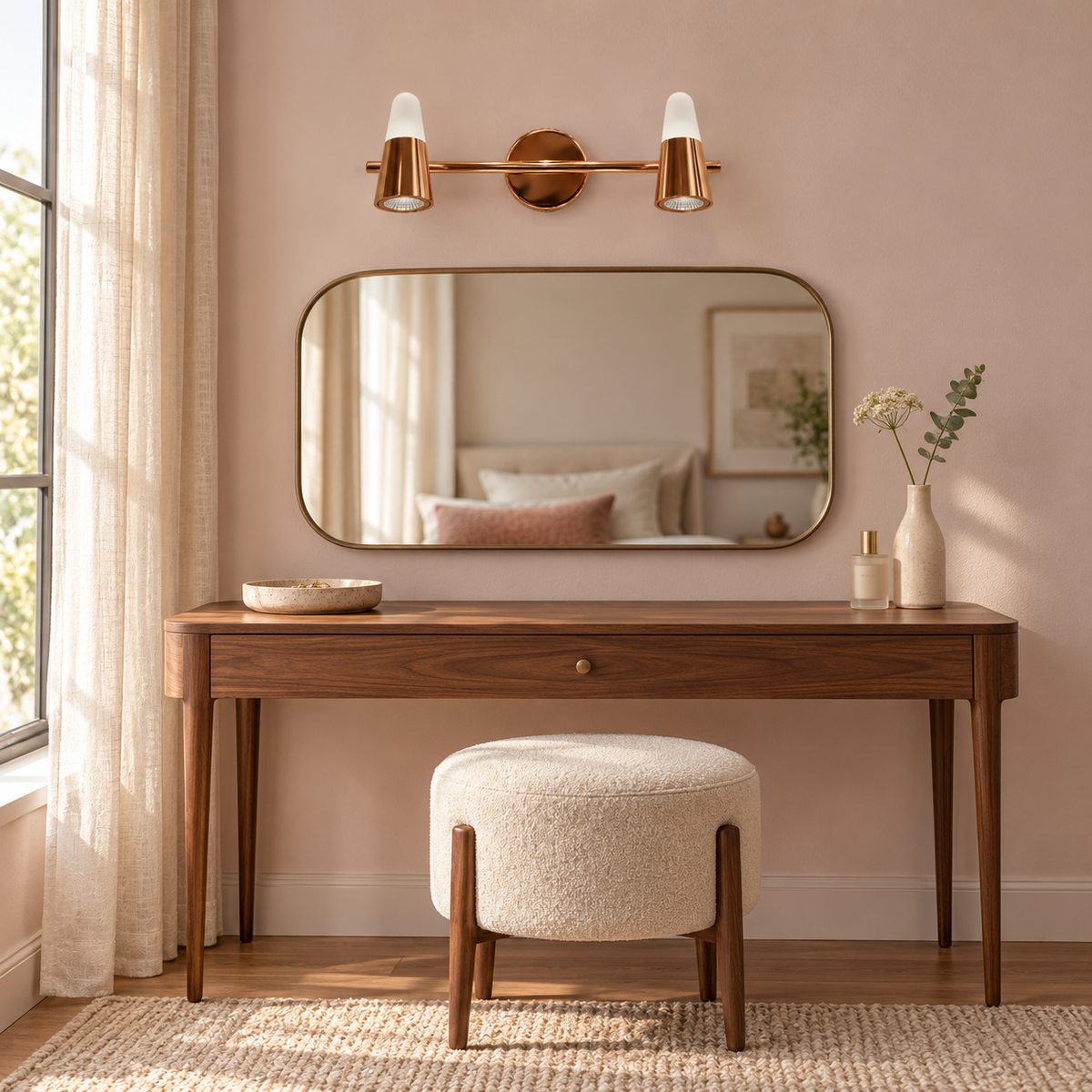 Rose-Gold Tapered 2-Head Picture Light, 370 mm installed in a residential interior in daylight, light off