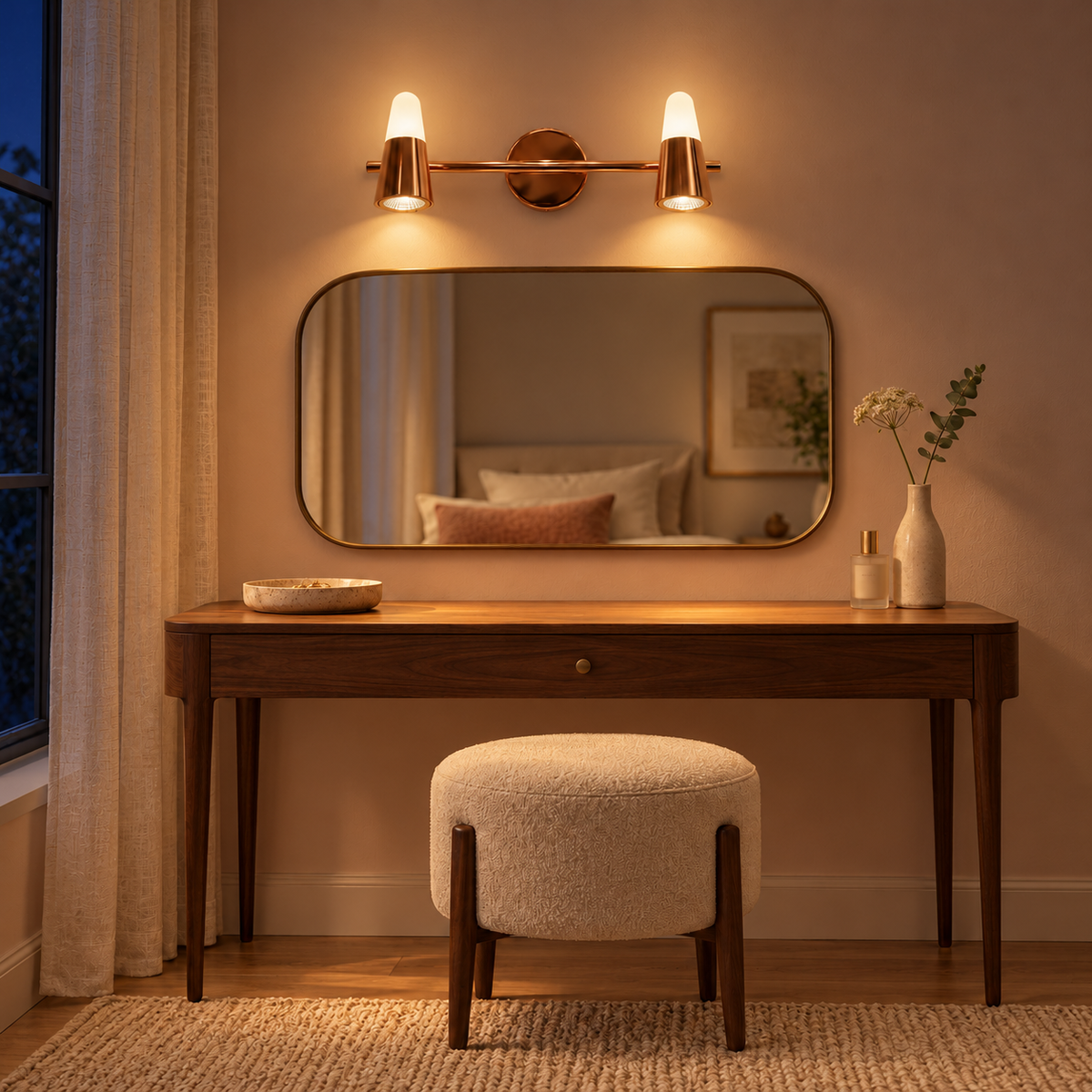 Rose-Gold Tapered 2-Head Picture Light, 370 mm illuminated in the same residential interior at night
