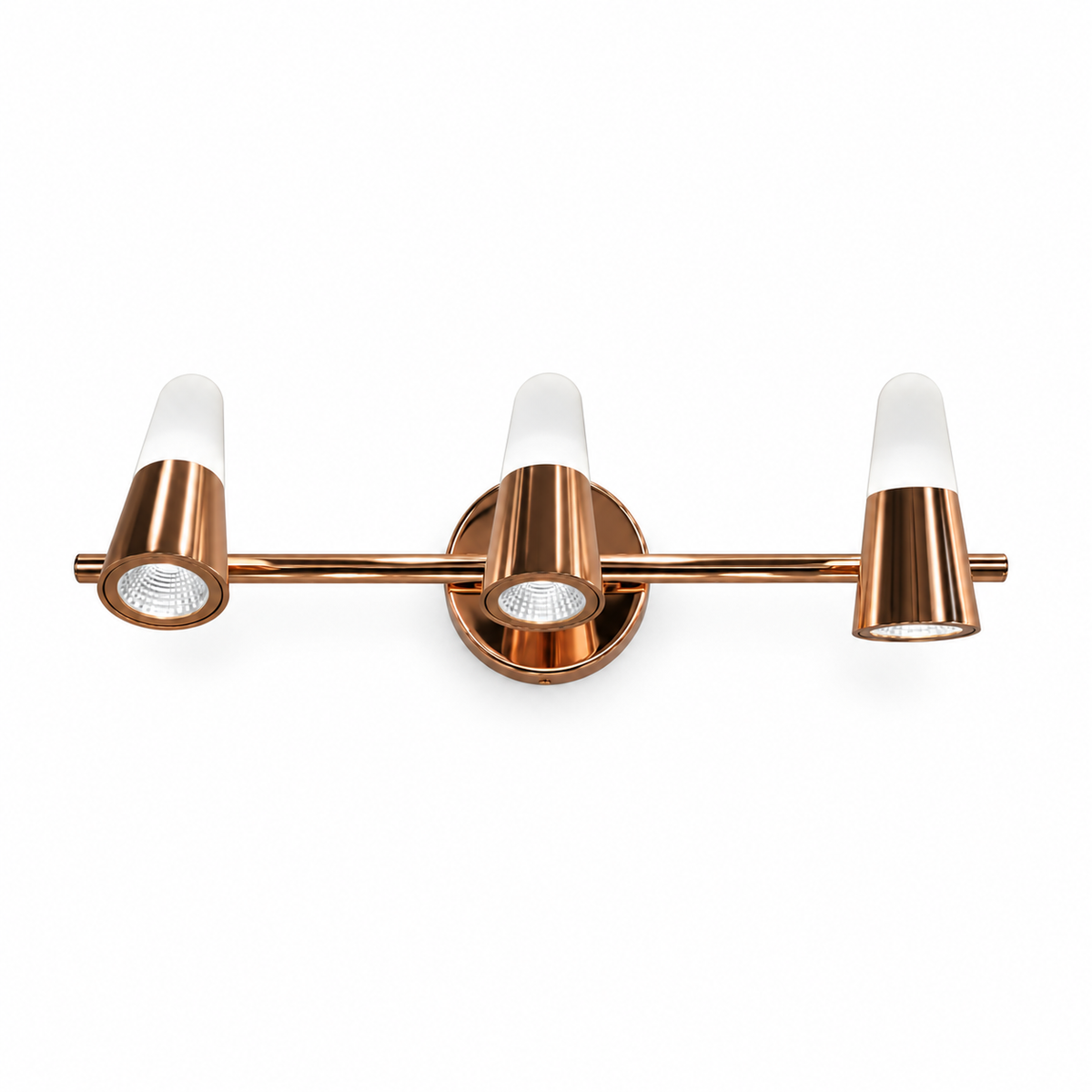 Rose-Gold Tapered 3-Head Picture Light, 520 mm with the light off on a white background