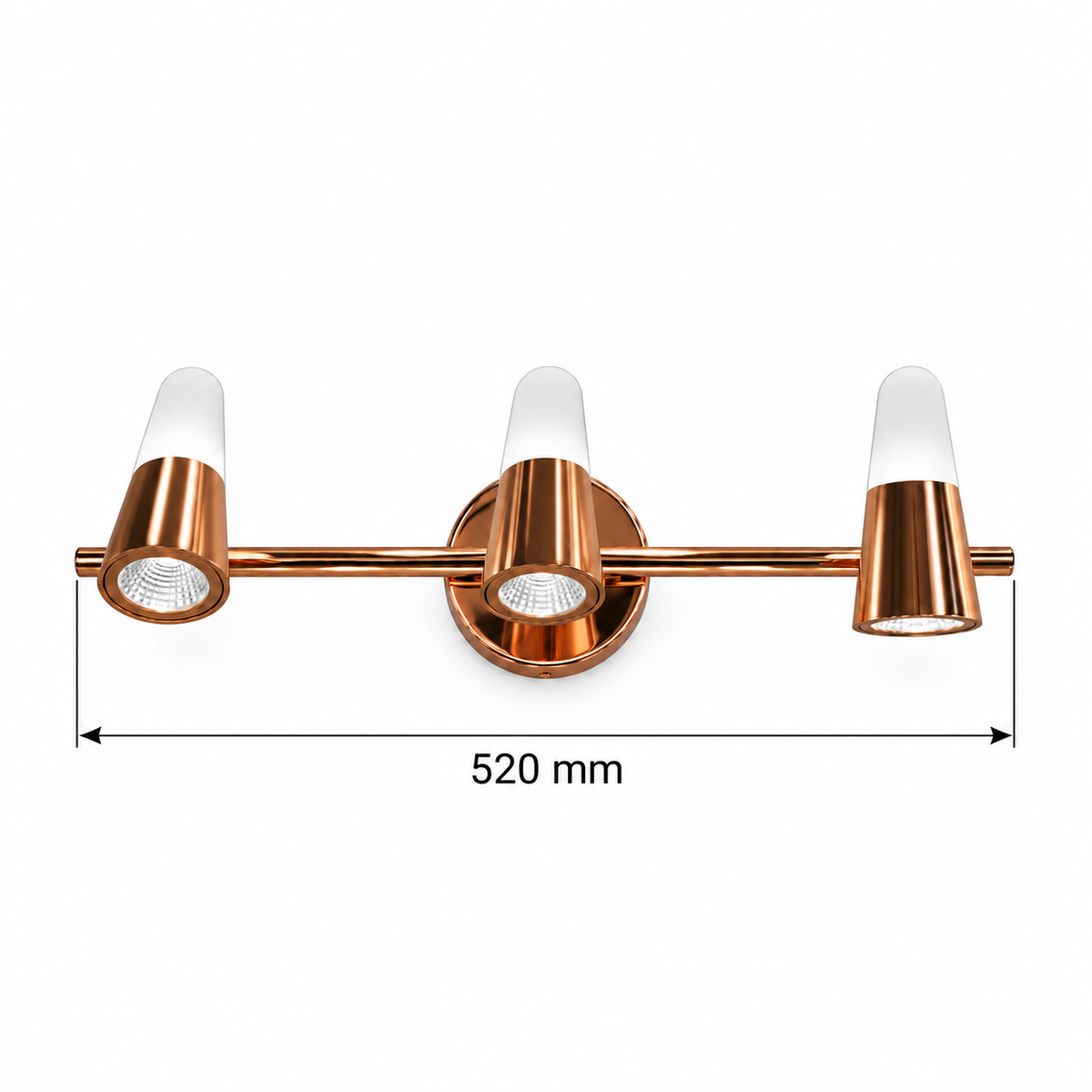 Rose-Gold Tapered 3-Head Picture Light, 520 mm dimension view showing overall length 520 mm
