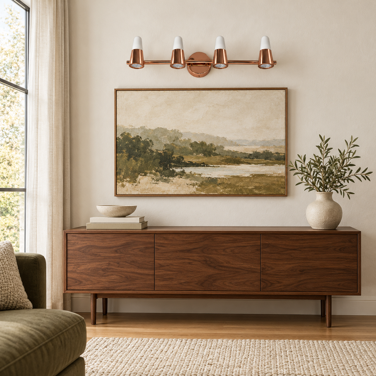 Rose-Gold Tapered 4-Head Picture Light, 620 mm installed in a residential interior in daylight, light off