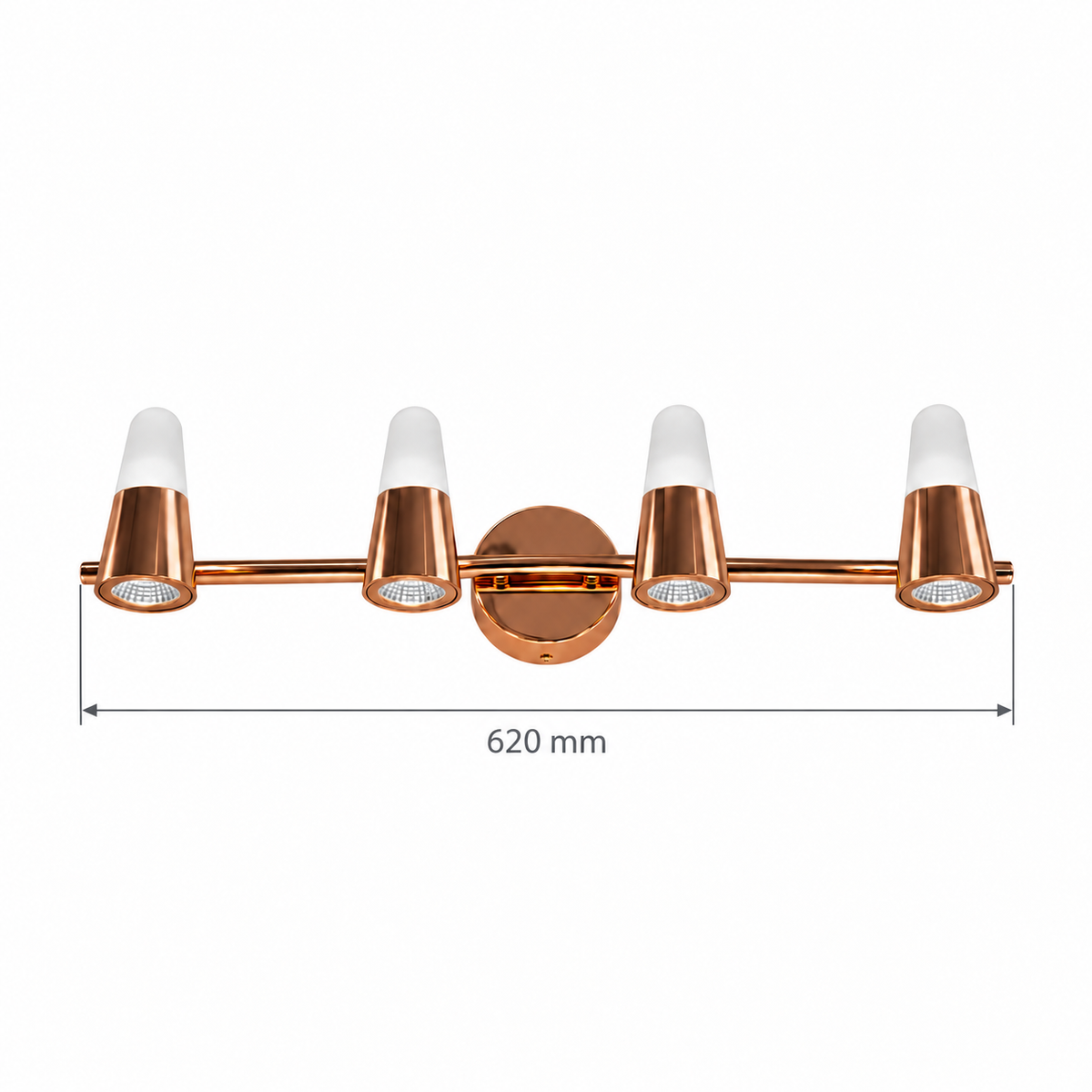 Rose-Gold Tapered 4-Head Picture Light, 620 mm dimension view showing overall length 620 mm