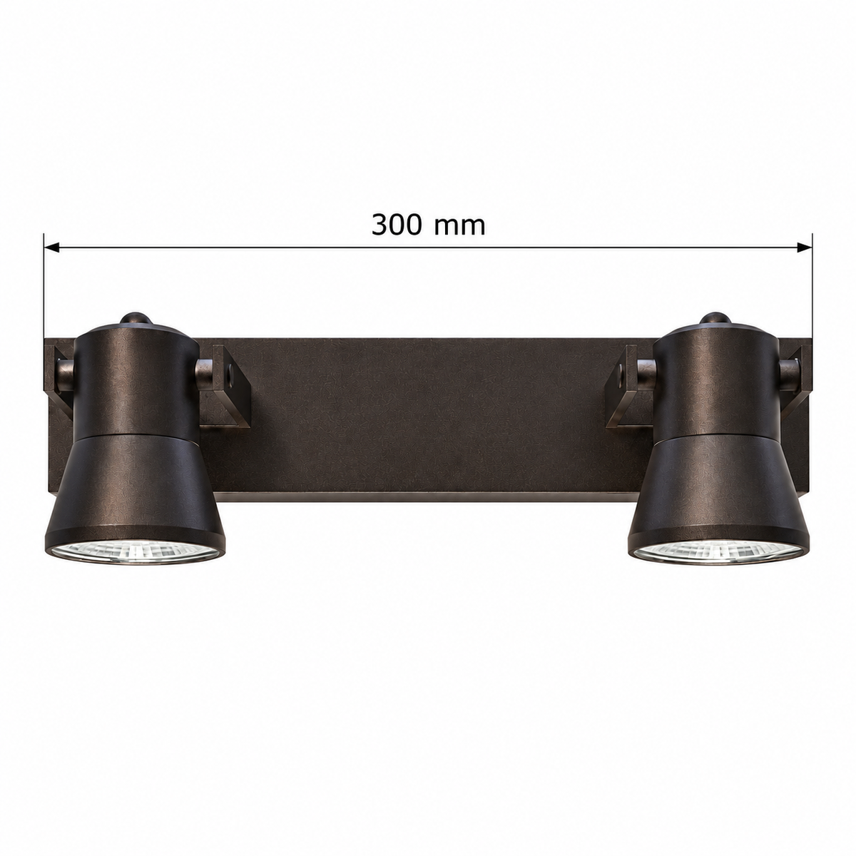 Coffee Tapered 2-Head Picture Light, 300 mm dimension view showing overall width 300 mm