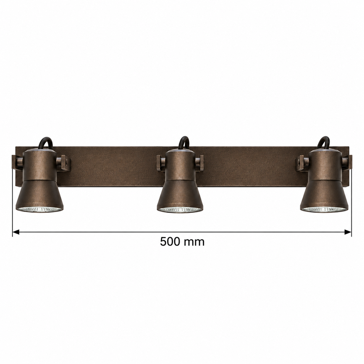 Coffee Tapered 3-Head Picture Light, 500 mm dimension view showing overall width 500 mm