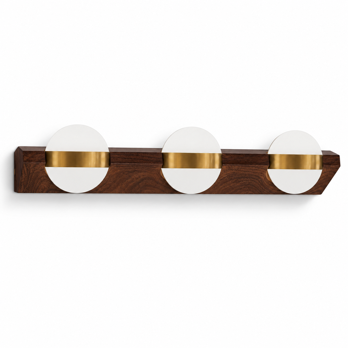 Woodgrain & Gold 3-Disc Picture Light, 460 mm with the light off on a white background