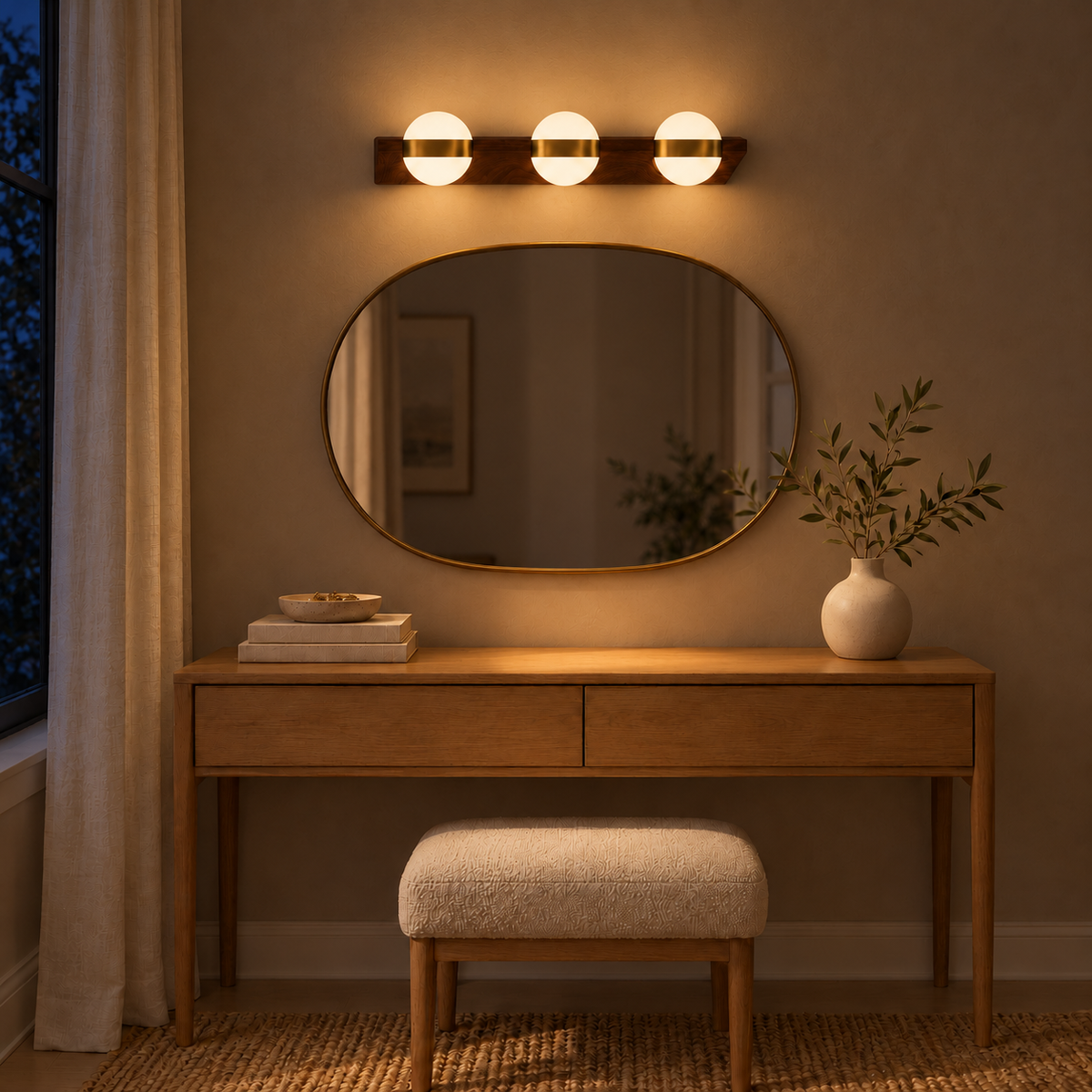 Woodgrain & Gold 3-Disc Picture Light, 460 mm illuminated in the same residential interior at night