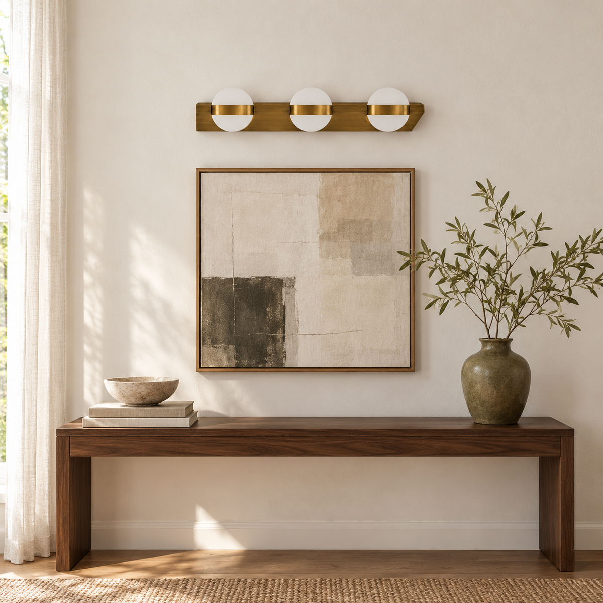 Antique-Brass & Gold 3-Disc Picture Light, 460 mm installed in a residential interior in daylight, light off