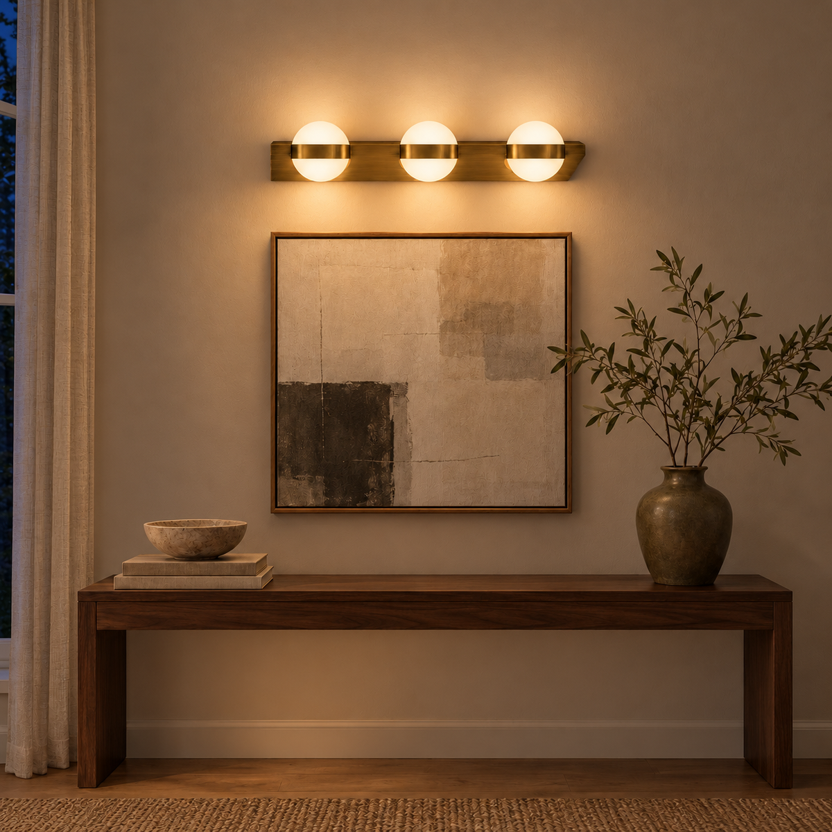 Antique-Brass & Gold 3-Disc Picture Light, 460 mm illuminated in the same residential interior at night