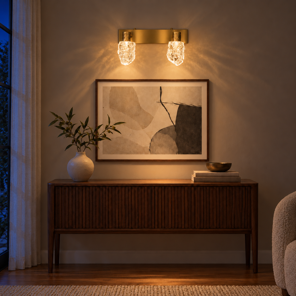 Gold Faceted Acrylic 2-Head Picture Light, 300 mm illuminated in the same residential interior at night